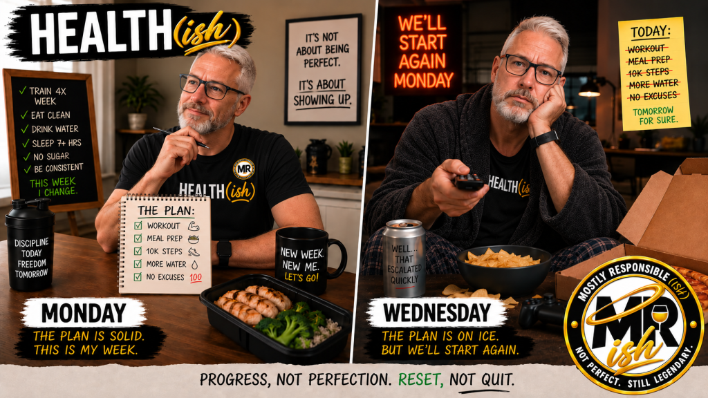 Health(ish) graphic showing Jacques trying to stay on track with his health plan as the week goes sideways.